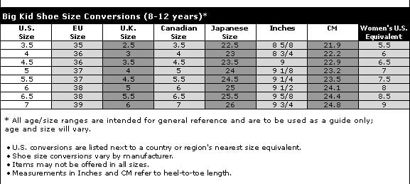 child to womens shoe size conversion