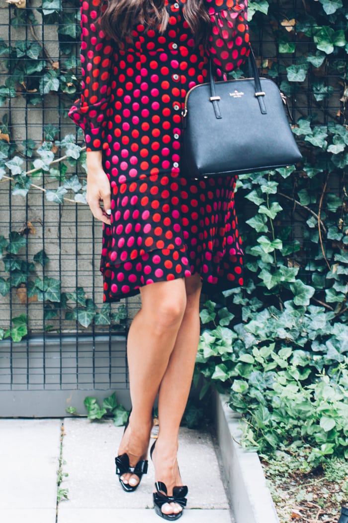 Hot pink tights black and white polka dot outfit Kate Spade