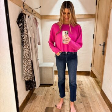 Corrine wearing cashmere cropped crewneck sweater