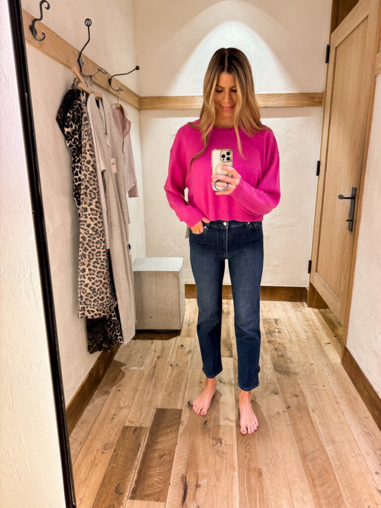 Corrine trying on Frame Le Sleek Jeans