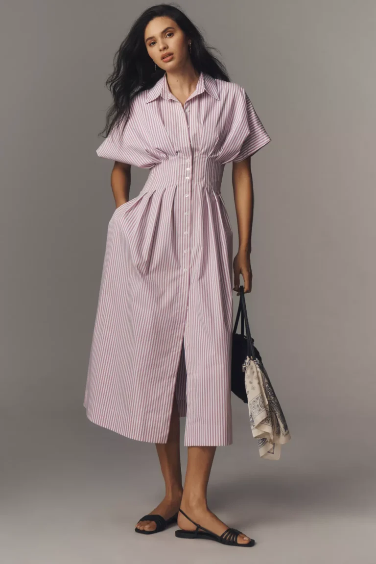 The Tobie Button-Front Pleated Shirt Dress by Exquise